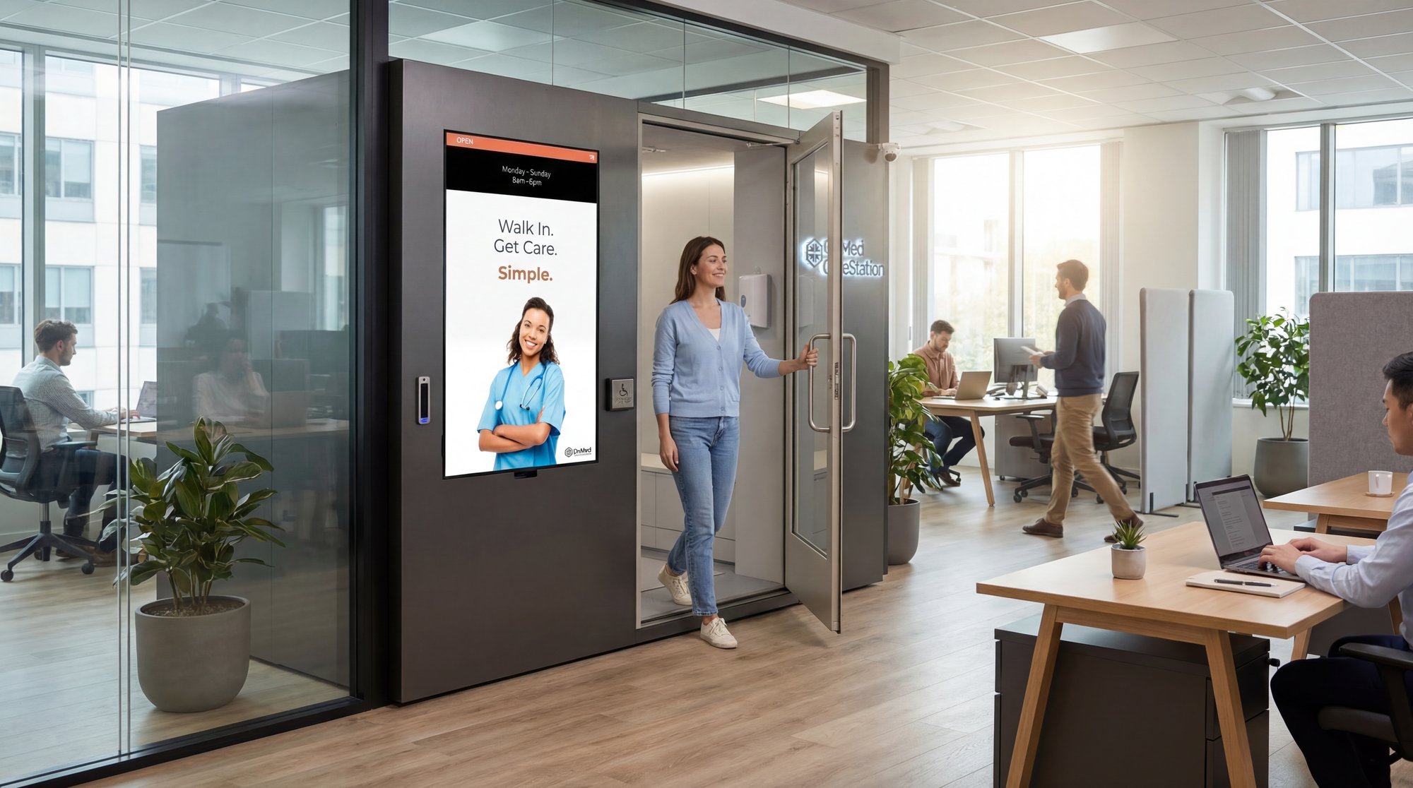 Smiling employee exiting an OnMed CareStation health kiosk in a corporate office, showing the ease of self-service onsite healthcare for employer-sponsored wellness programs