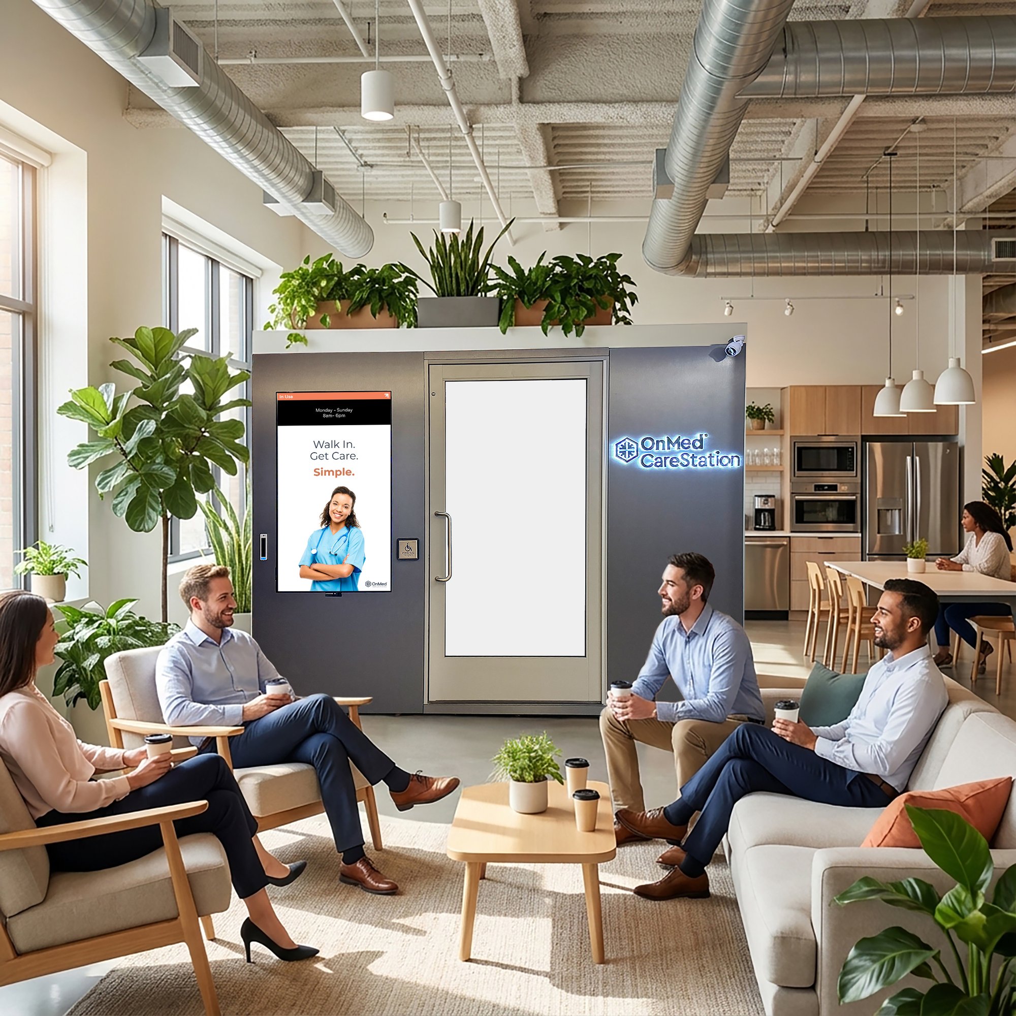 OnMed CareStation telehealth kiosk in a modern apartment or office resident lounge, with employees relaxing nearby, representing onsite healthcare as a built-in community amenity OnMed CareStation telehealth kiosk in a modern apartment or office resident lounge, with employees relaxing nearby, representing onsite healthcare as a built-in community amenity