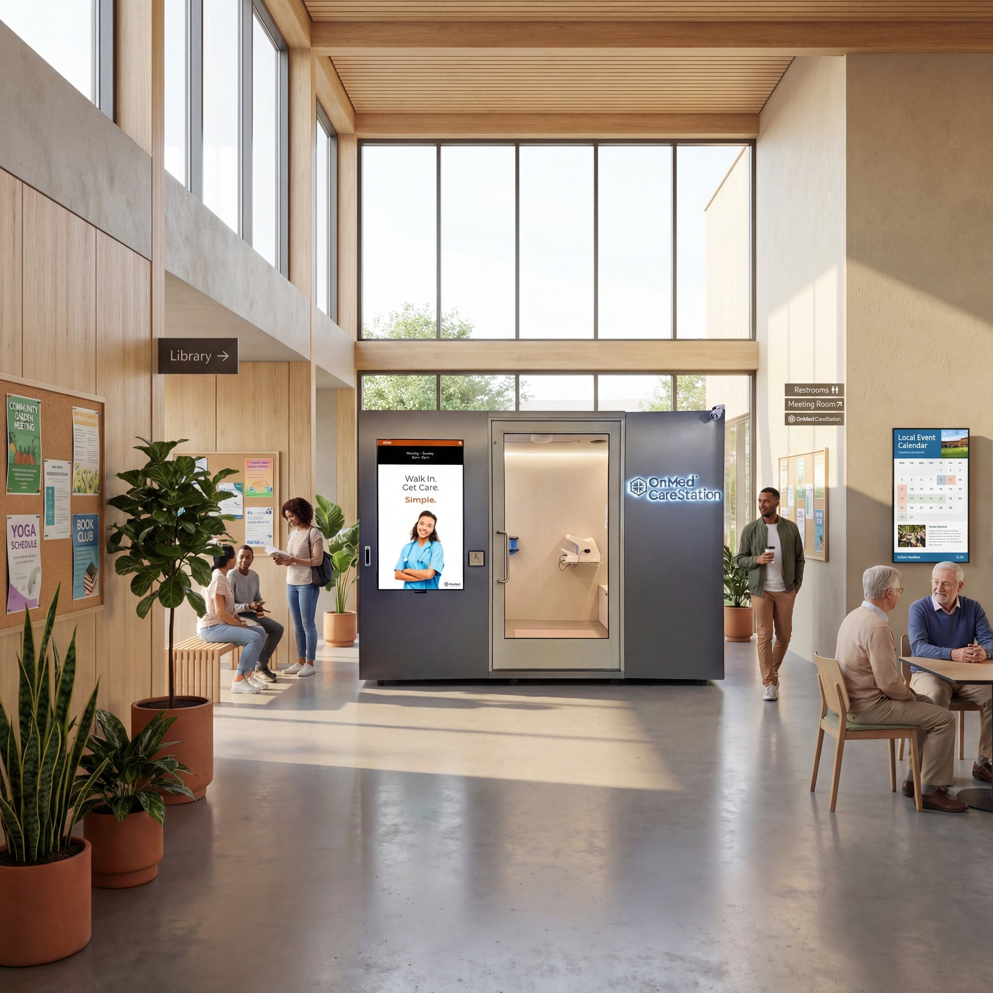 OnMed CareStation telehealth kiosk in a bright community center lobby near a library with residents of various ages, providing accessible walk-in onsite healthcare to local communities.