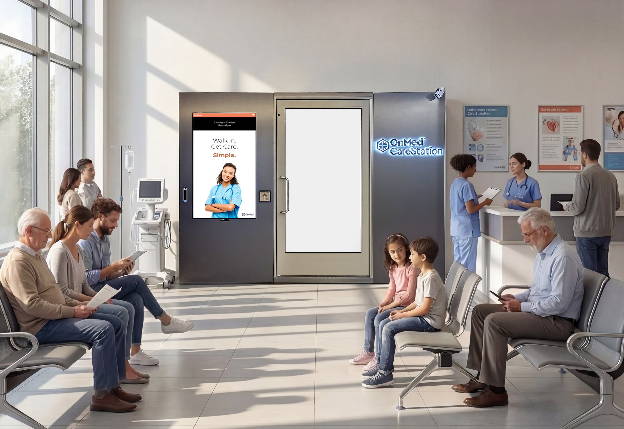 OnMed CareStation 2.0 walk-in care kiosk installed in a medical facility waiting area with patients of all ages.