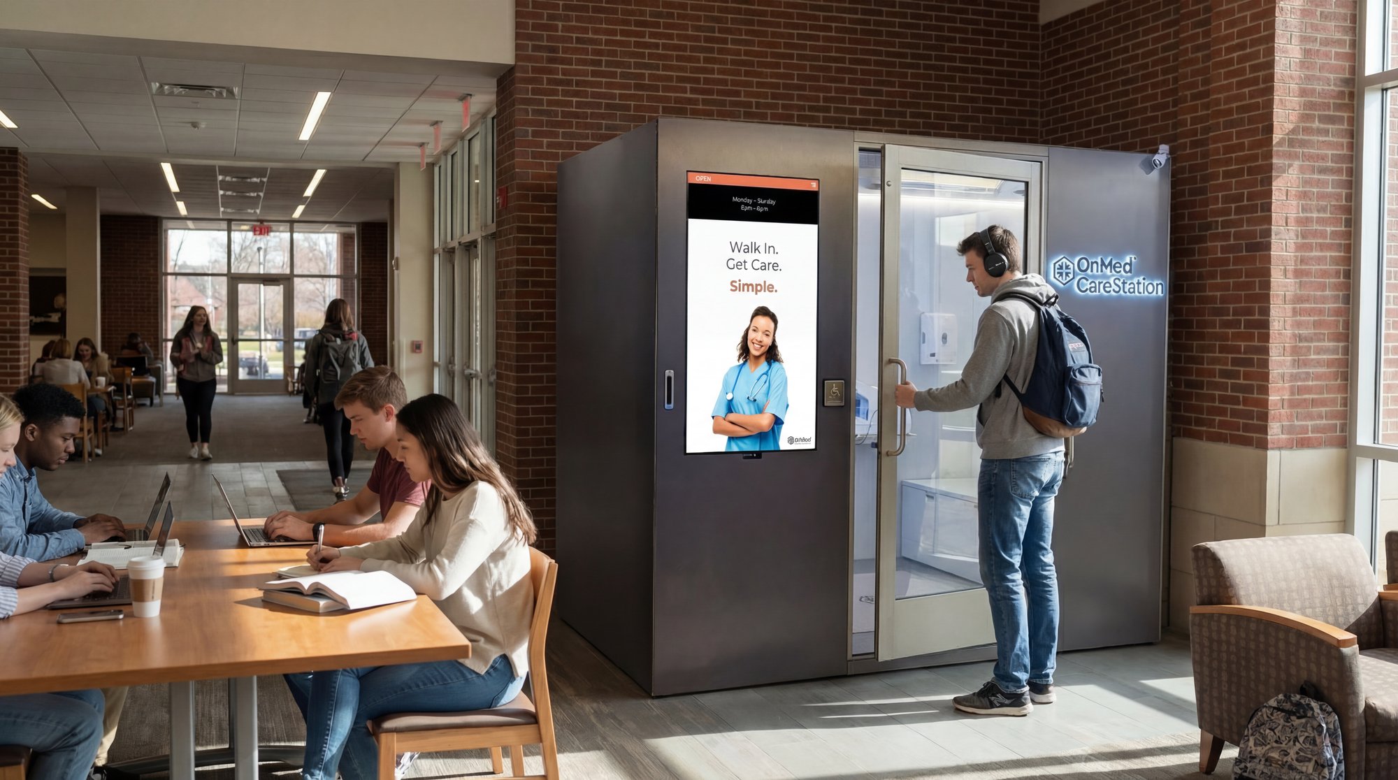 College student entering an OnMed CareStation telehealth kiosk in a university hallway while peers study nearby, representing on-campus self-service healthcare for students