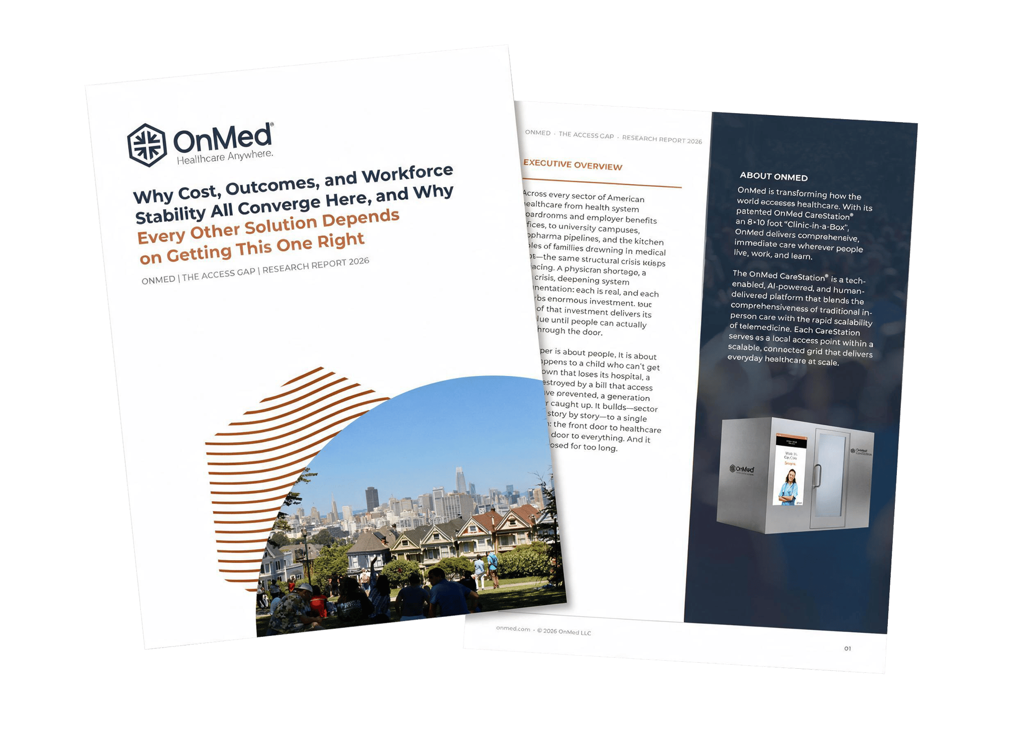 OnMed Access Gap report spread showing the executive overview, About OnMed section, and CareStation kiosk photo.