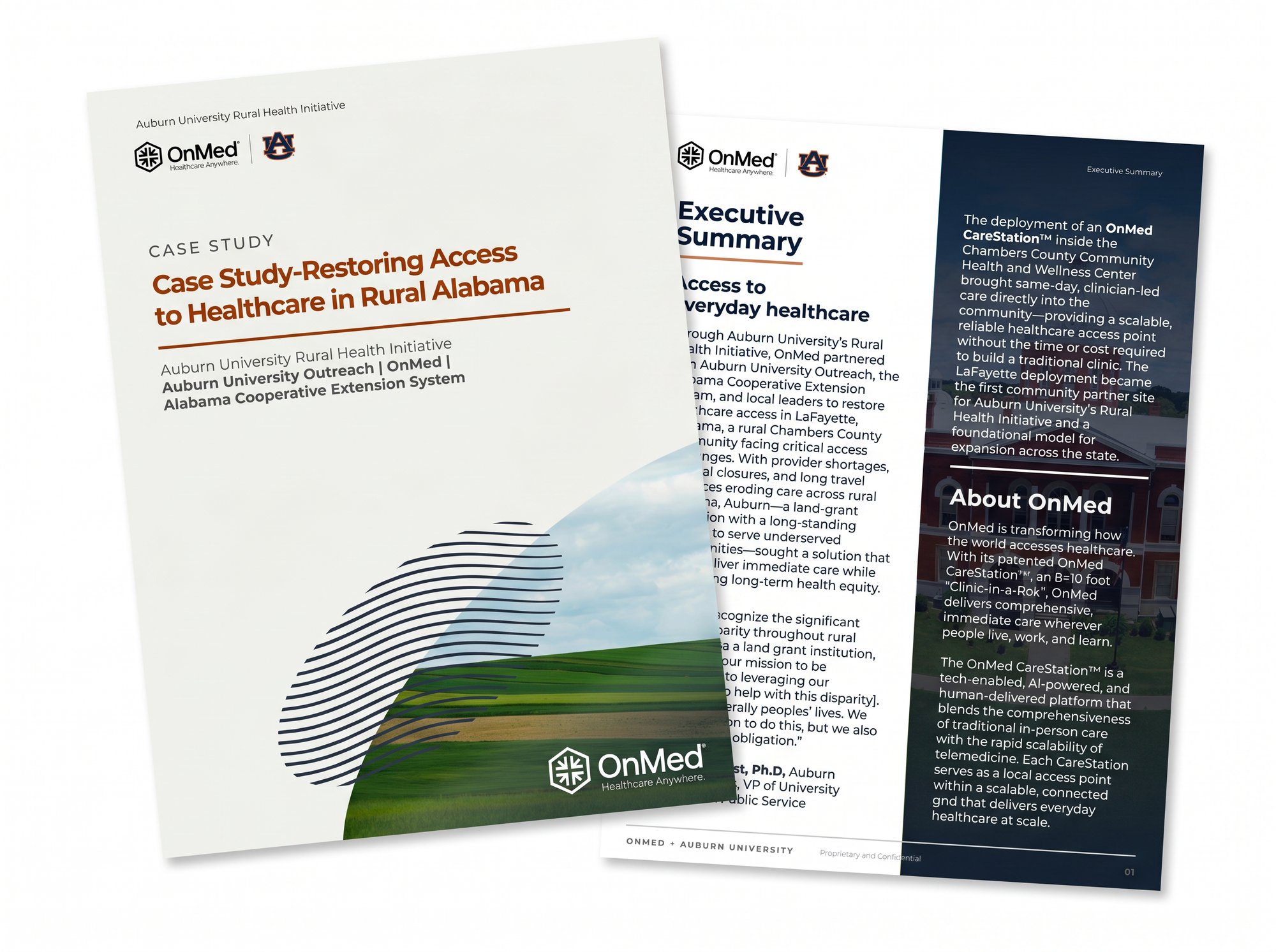 Open spread mockup of OnMed and Auburn University case study titled 