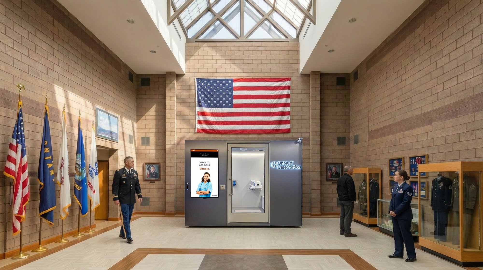 OnMed CareStation™ 2.0 deployed in a government or military facility, demonstrating scalable onsite healthcare access for federal and institutional settings.