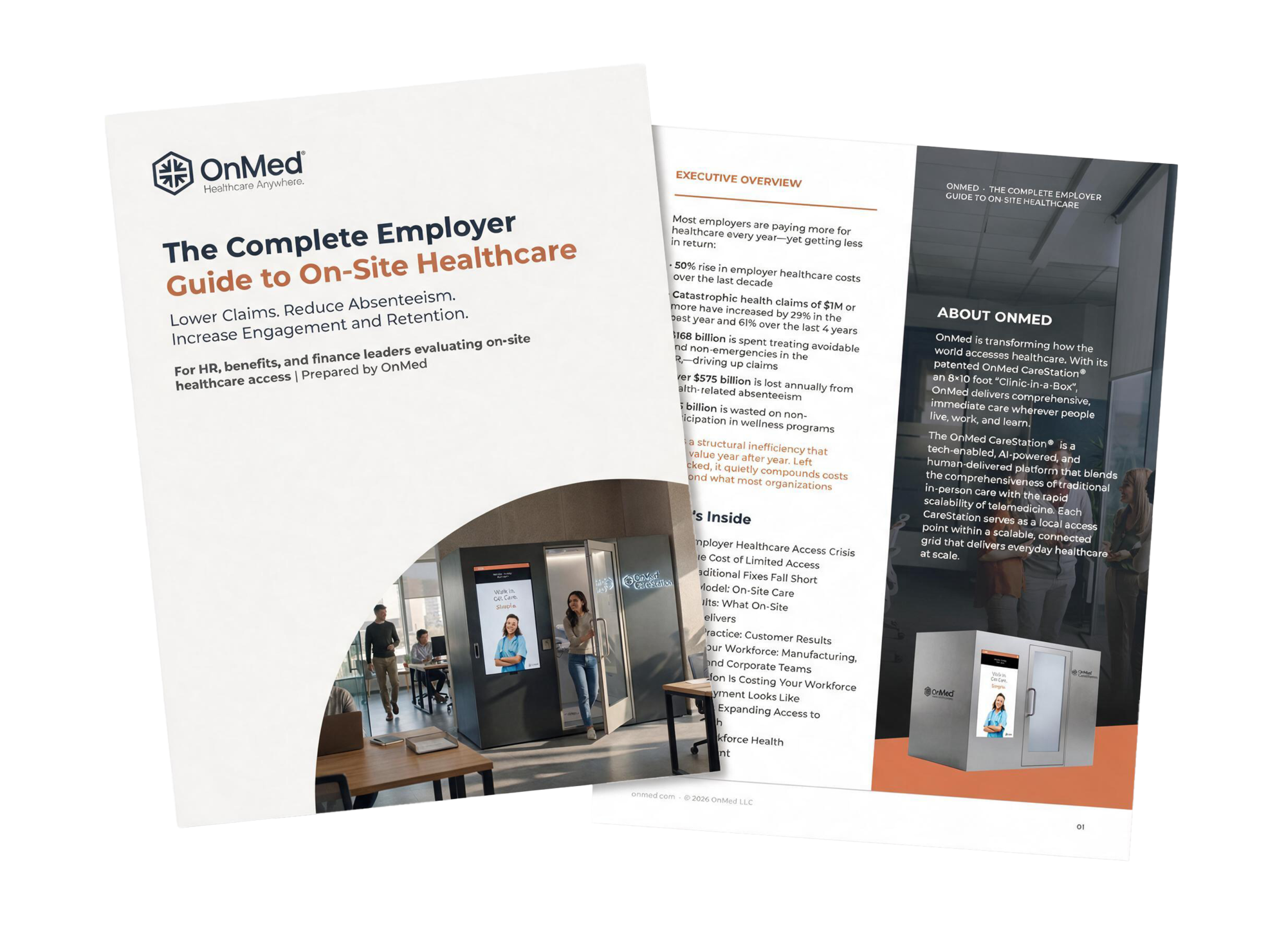 Open spread mockup of OnMed employer guide 