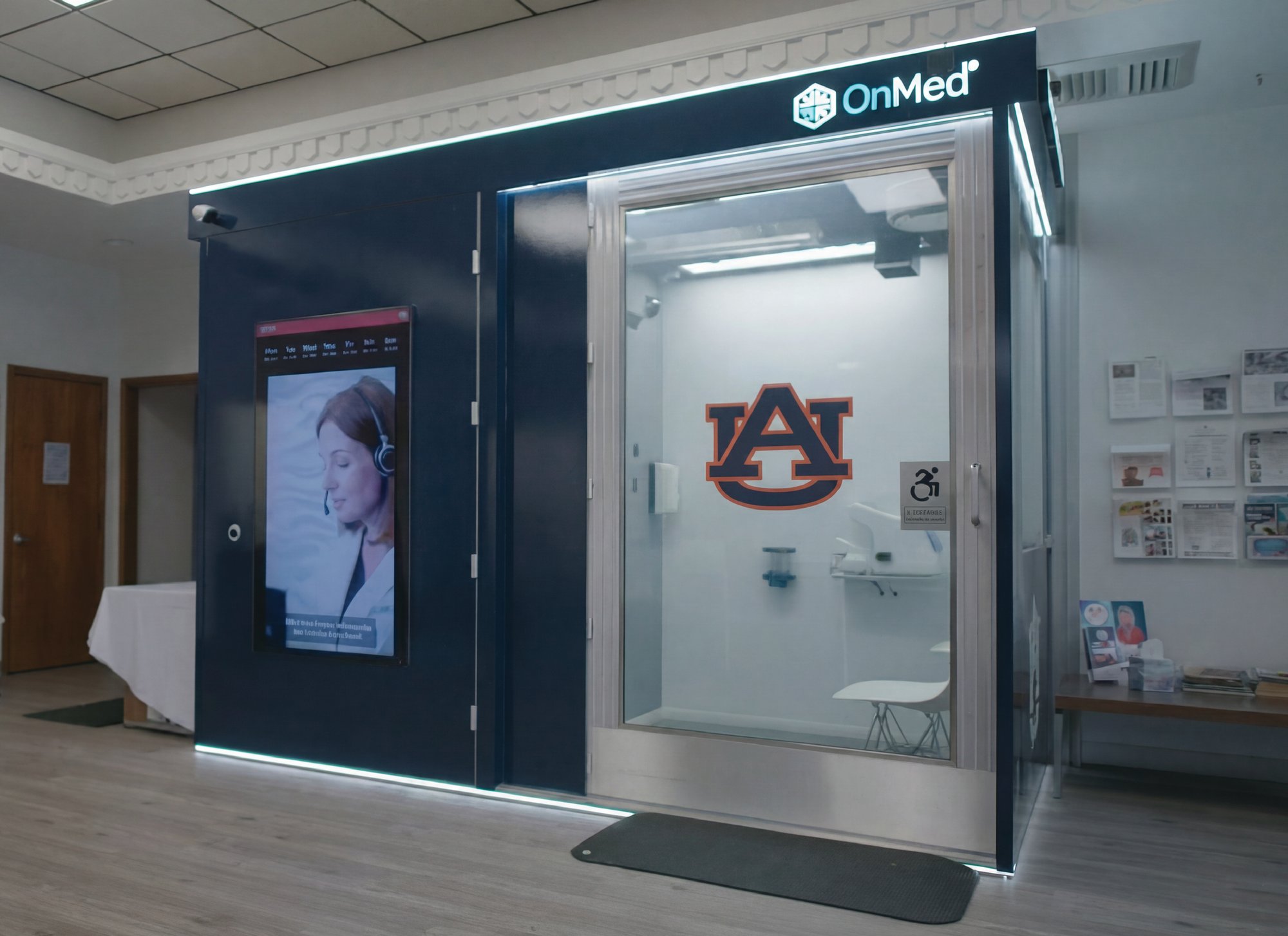 OnMed CareStation™ 2.0 installed at Auburn University Rural Health program, showing a real-world deployment with client testimonial from Hollie C. Cost, PhD.