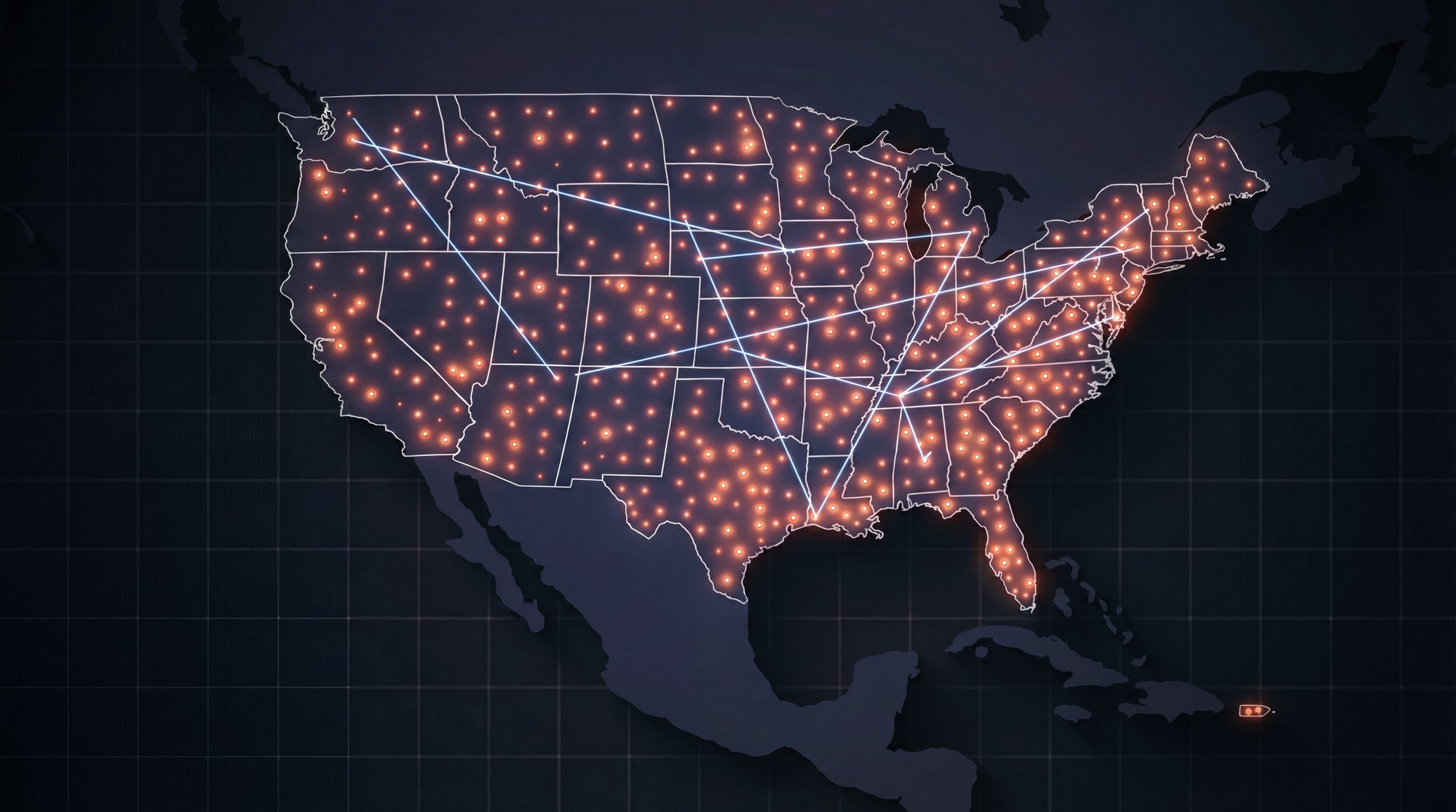 Nationwide map of OnMed CareStation locations across the U.S., showing an interconnected network of onsite healthcare access points.