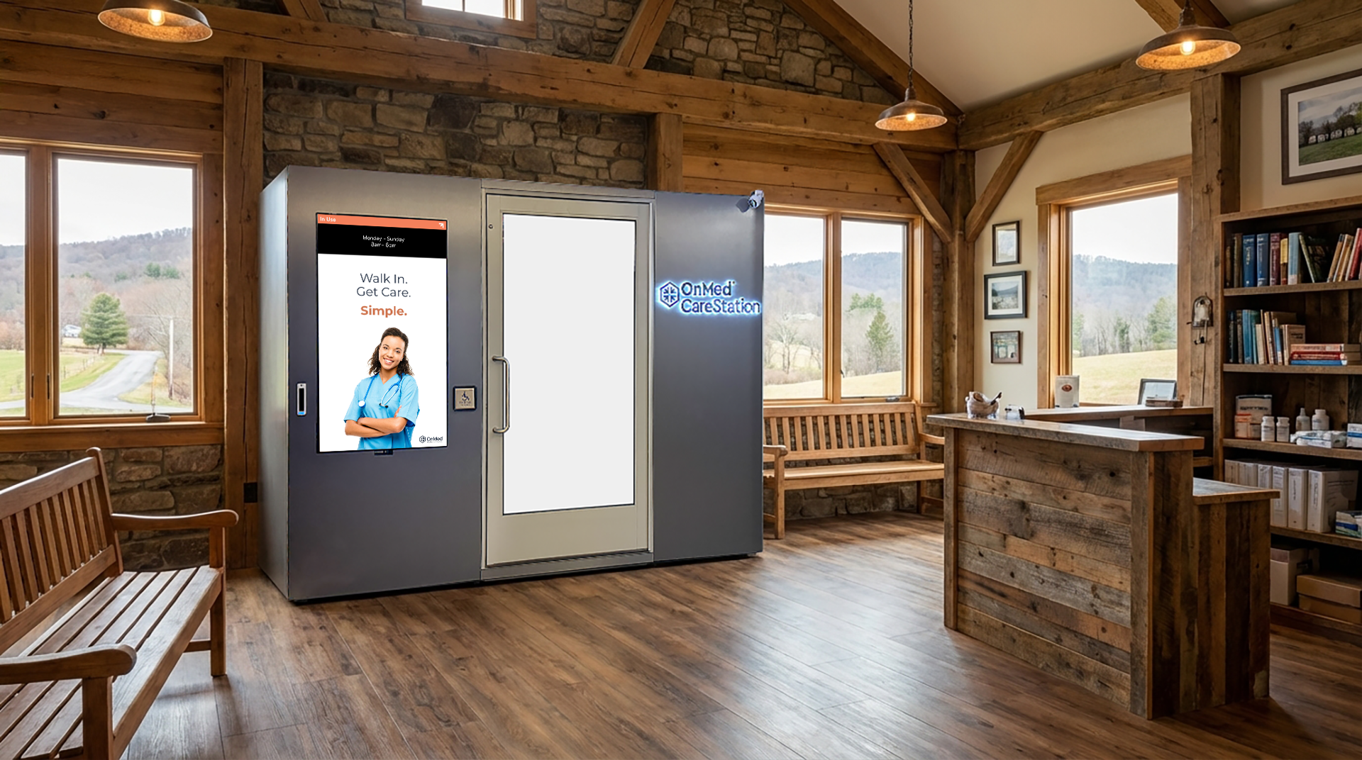 OnMed CareStation™ 2.0 installed in a rural community building, providing walk-in primary care access to underserved populations in remote areas.
