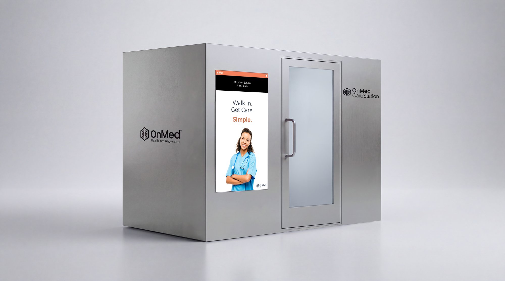 OnMed CareStation 2.0 self-service telehealth kiosk with display screen showing "Walk In. Get Care. Simple." messaging.