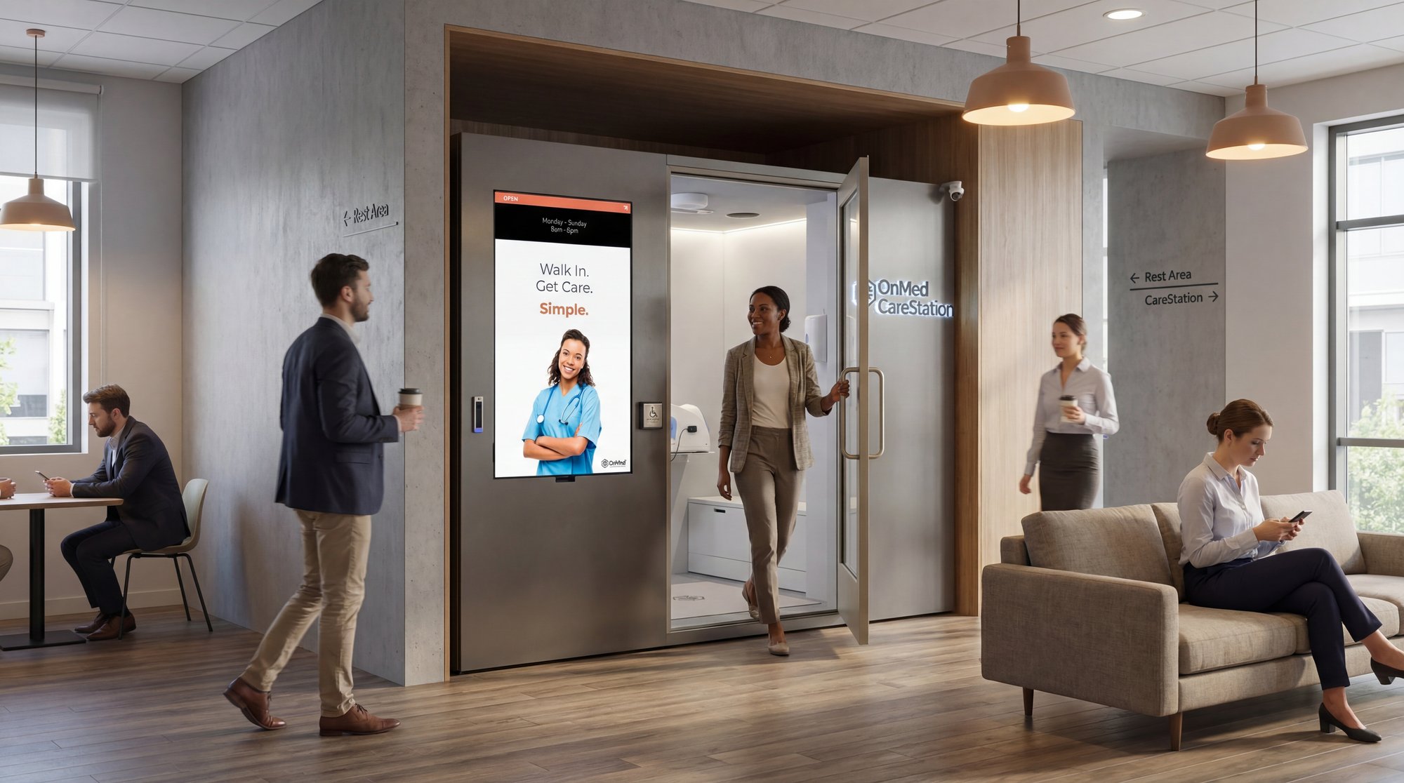 Employee exiting an OnMed CareStation™ 2.0 installed in a modern workplace, showing seamless onsite healthcare access during the workday.