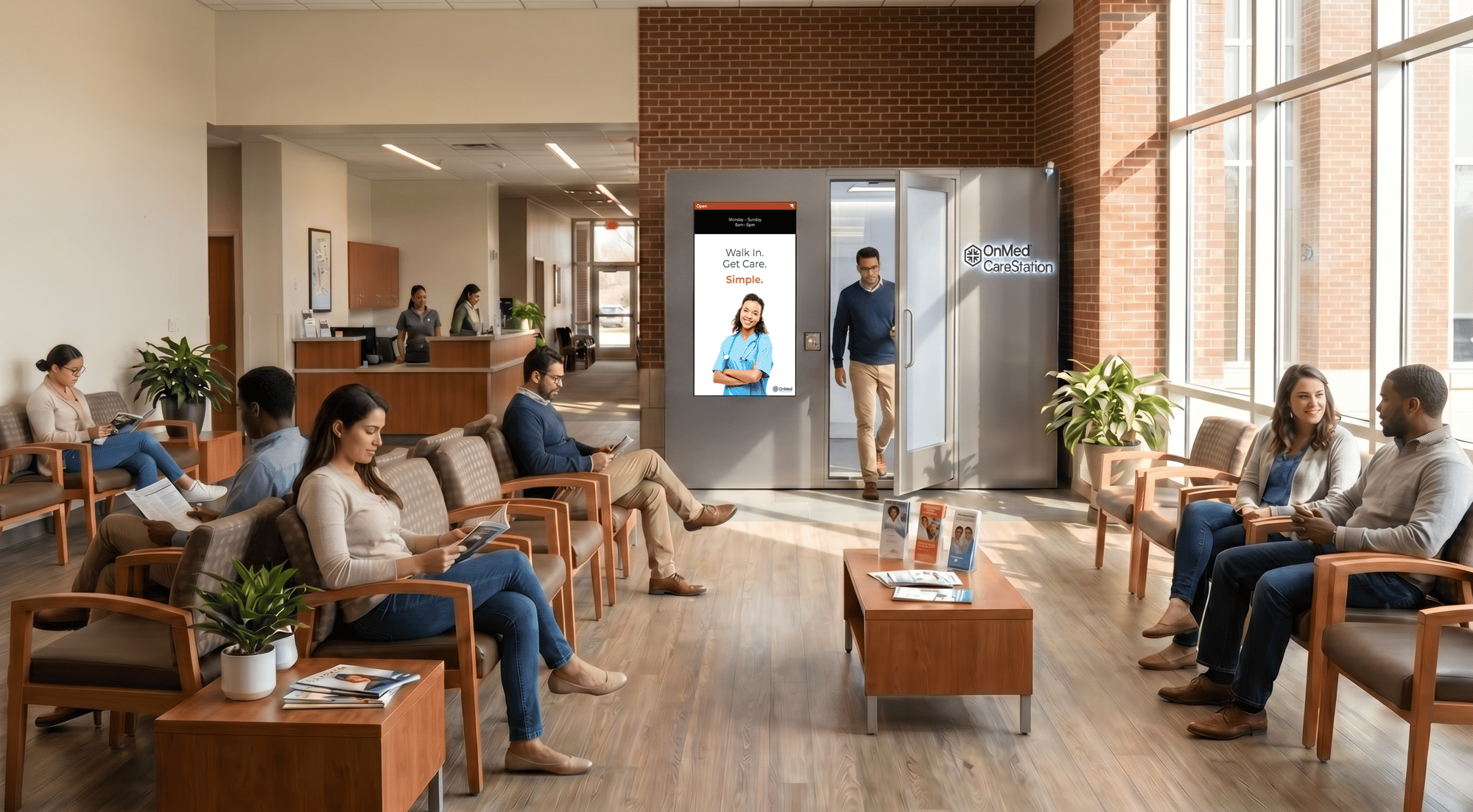 OnMed CareStation telehealth kiosk in a hospital or clinic waiting room with diverse patients seated, offering self-service virtual care to reduce wait times and improve onsite healthcare access.