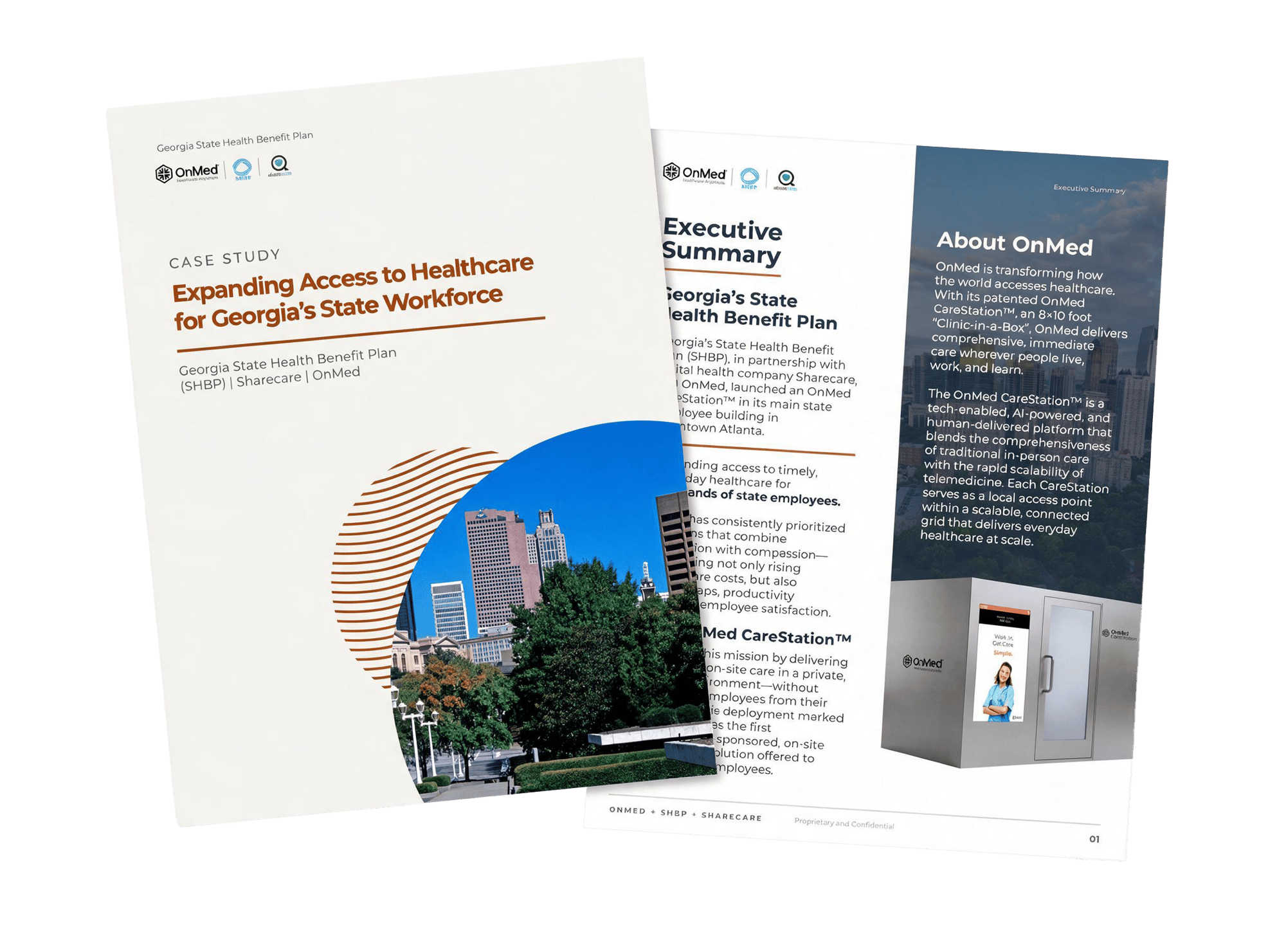 Open spread mockup of Georgia State Health Benefit Plan case study showing cover, executive summary, and About OnMed section with CareStation imagery.