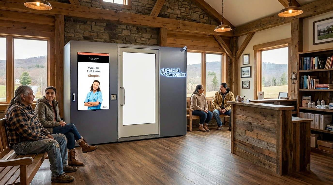 OnMed CareStation telehealth kiosk in a rustic rural community building with farmland views, with residents waiting for walk-in virtual care in an underserved area with limited primary care access.