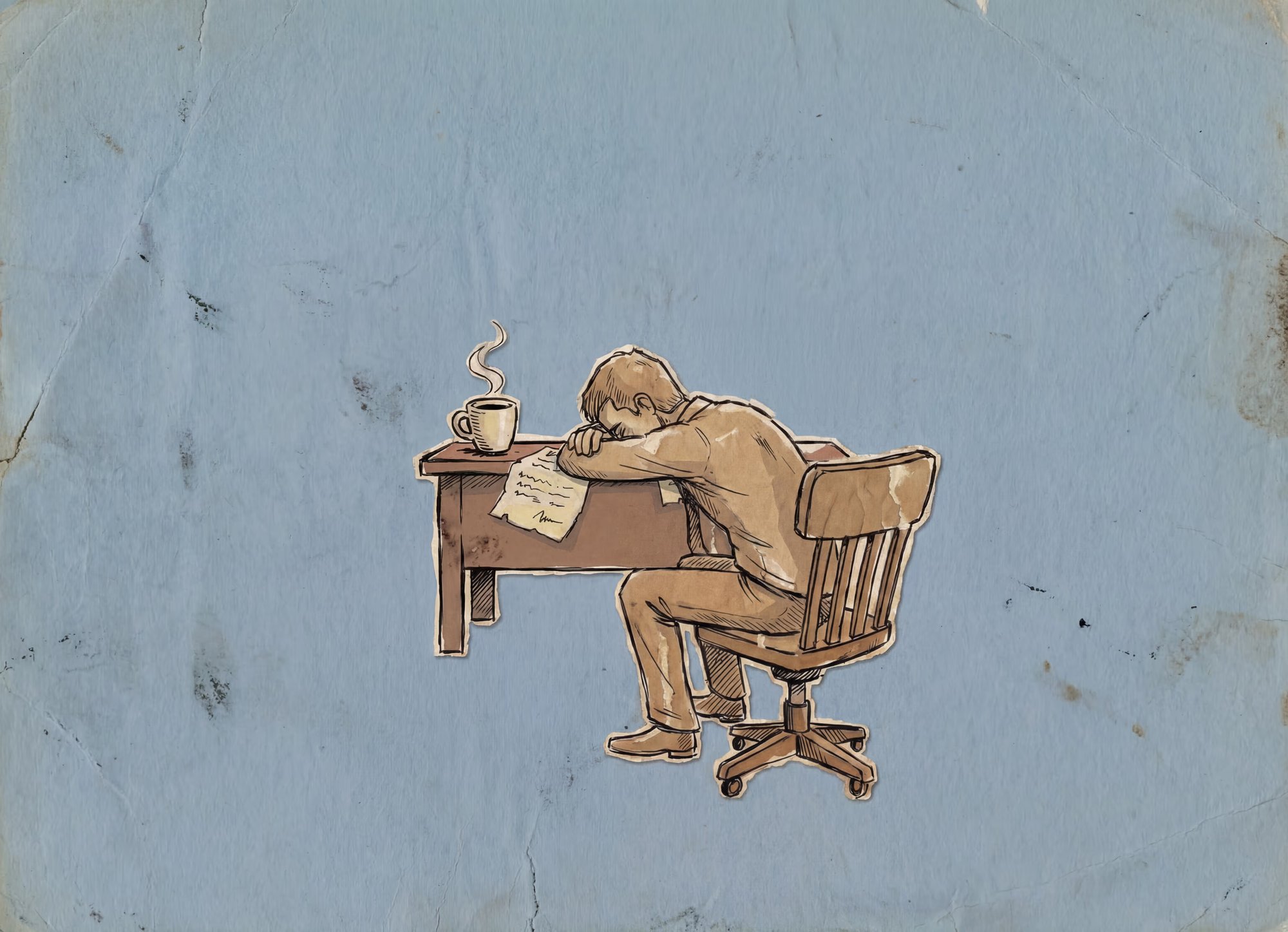 Illustration of an exhausted worker slumped at a desk, representing the productivity and absenteeism costs of inadequate employee healthcare access.