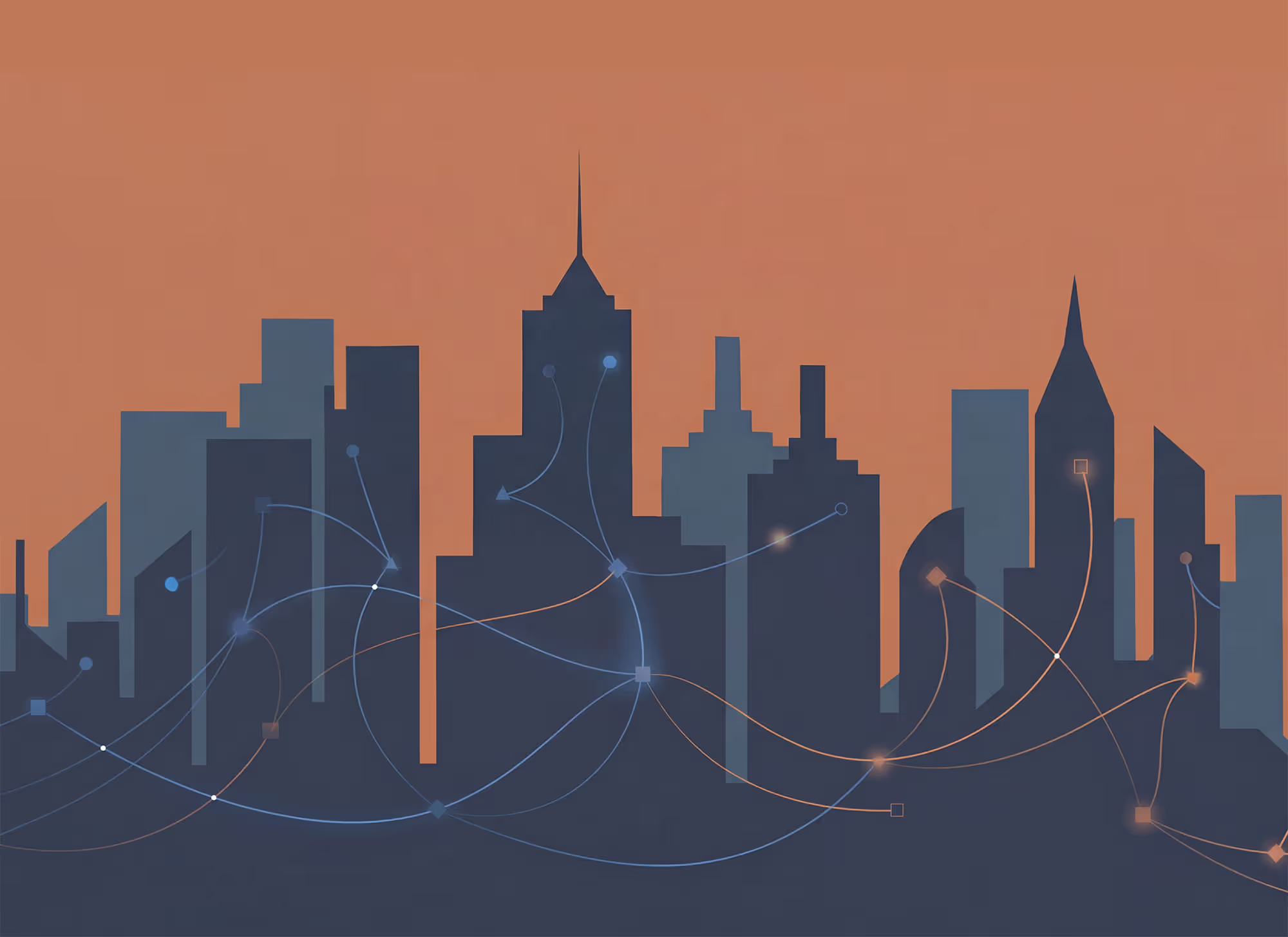 Illustrated city skyline with digital network lines, representing connected employer healthcare infrastructure across urban and rural communities.