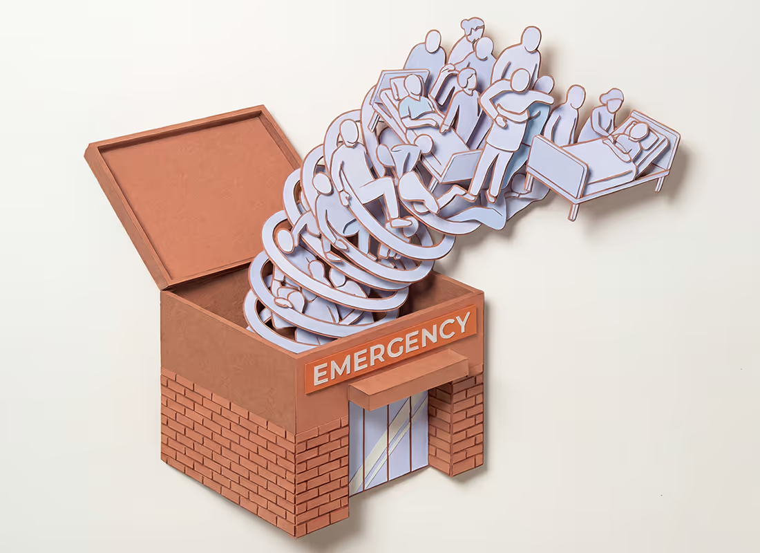 Paper craft illustration of an overcrowded emergency room with patients overflowing out of a brick ER building, representing the healthcare access crisis that onsite telehealth kiosks help solve.