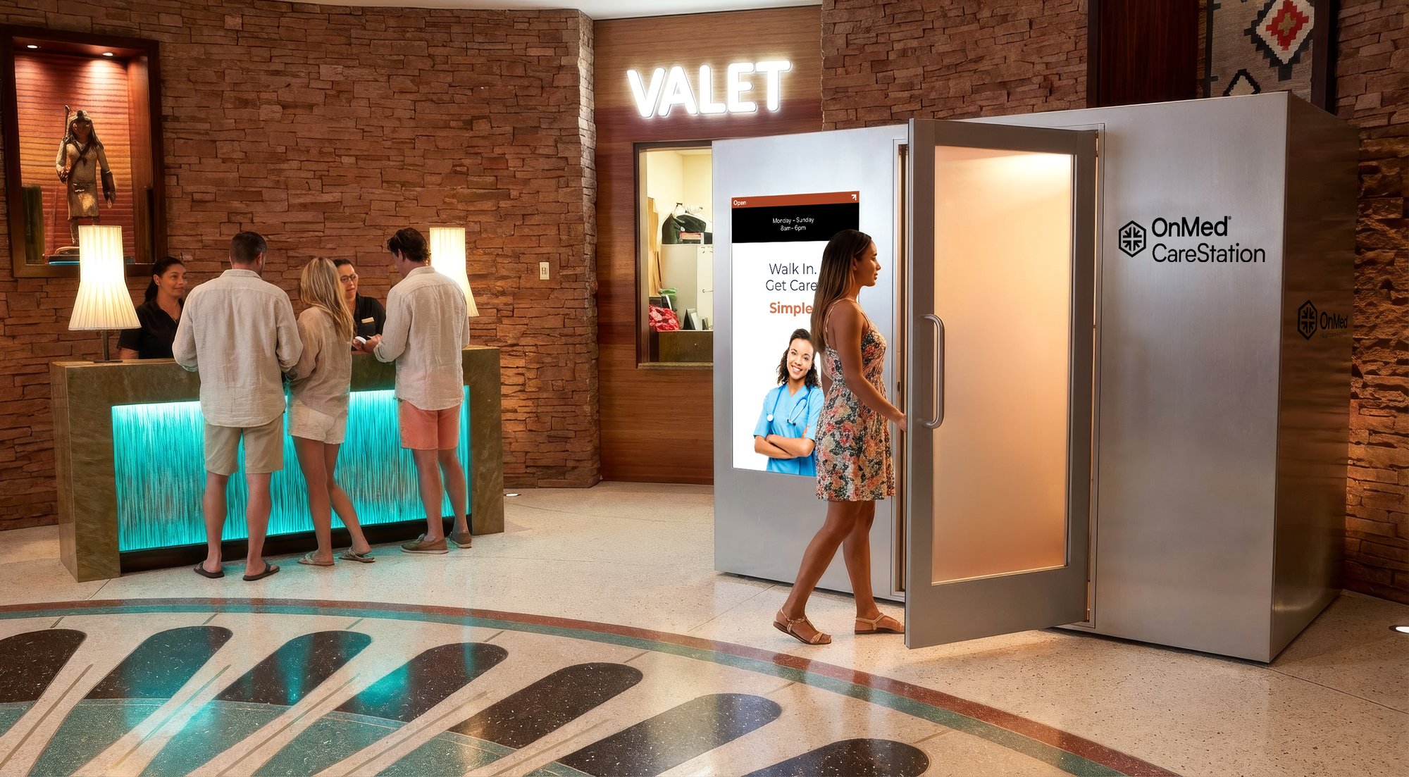 OnMed CareStation health kiosk near a hotel valet entrance with guests nearby, representing self-service onsite telehealth access in hospitality and resort settings.