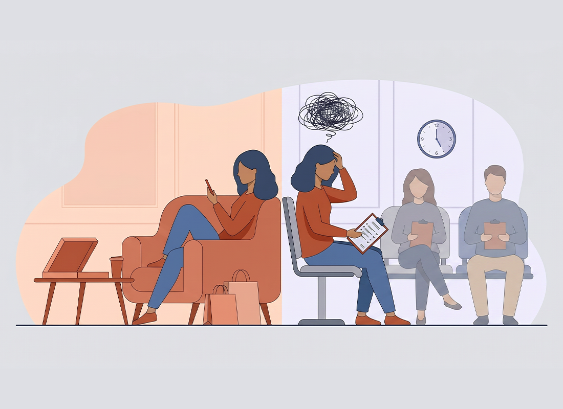 Illustration of diverse people in mental health or clinical counseling session, representing employee wellness and telehealth consultation.