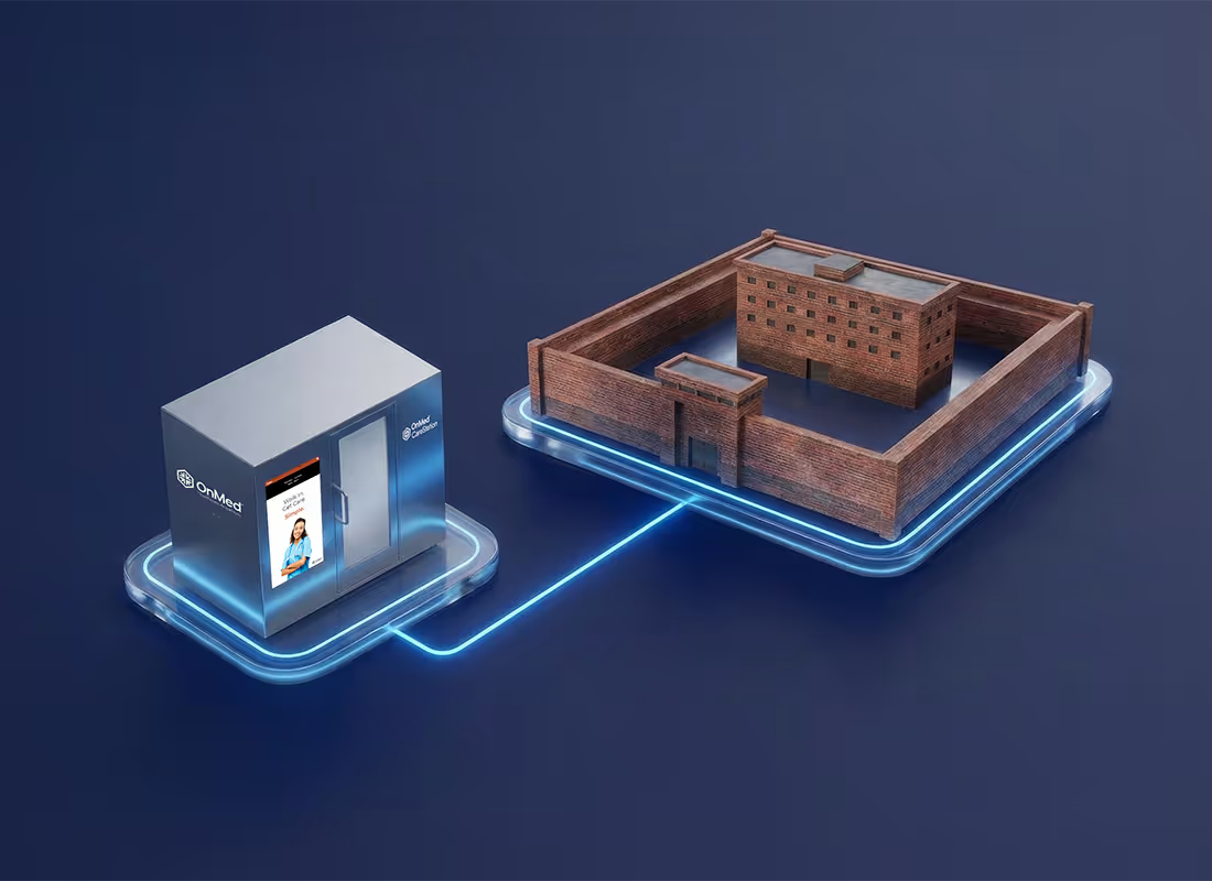 3D illustration of an OnMed CareStation telehealth kiosk digitally connected to a building, representing seamless onsite healthcare integration for correction facilities and health systems.